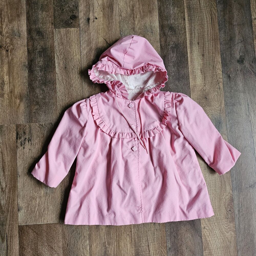 Vintage Baby Casual Time Pink Hooded Jacket Size 24M Lined Button Accents EUC